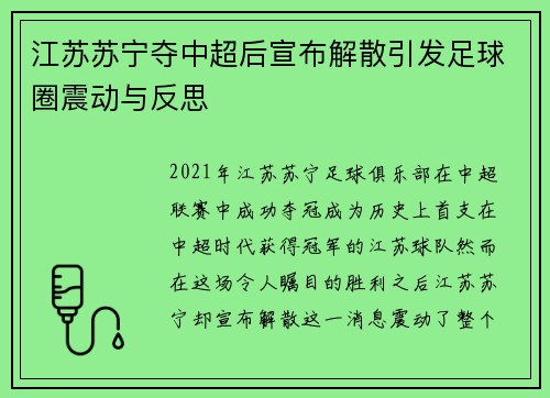 江苏苏宁夺中超后宣布解散引发足球圈震动与反思